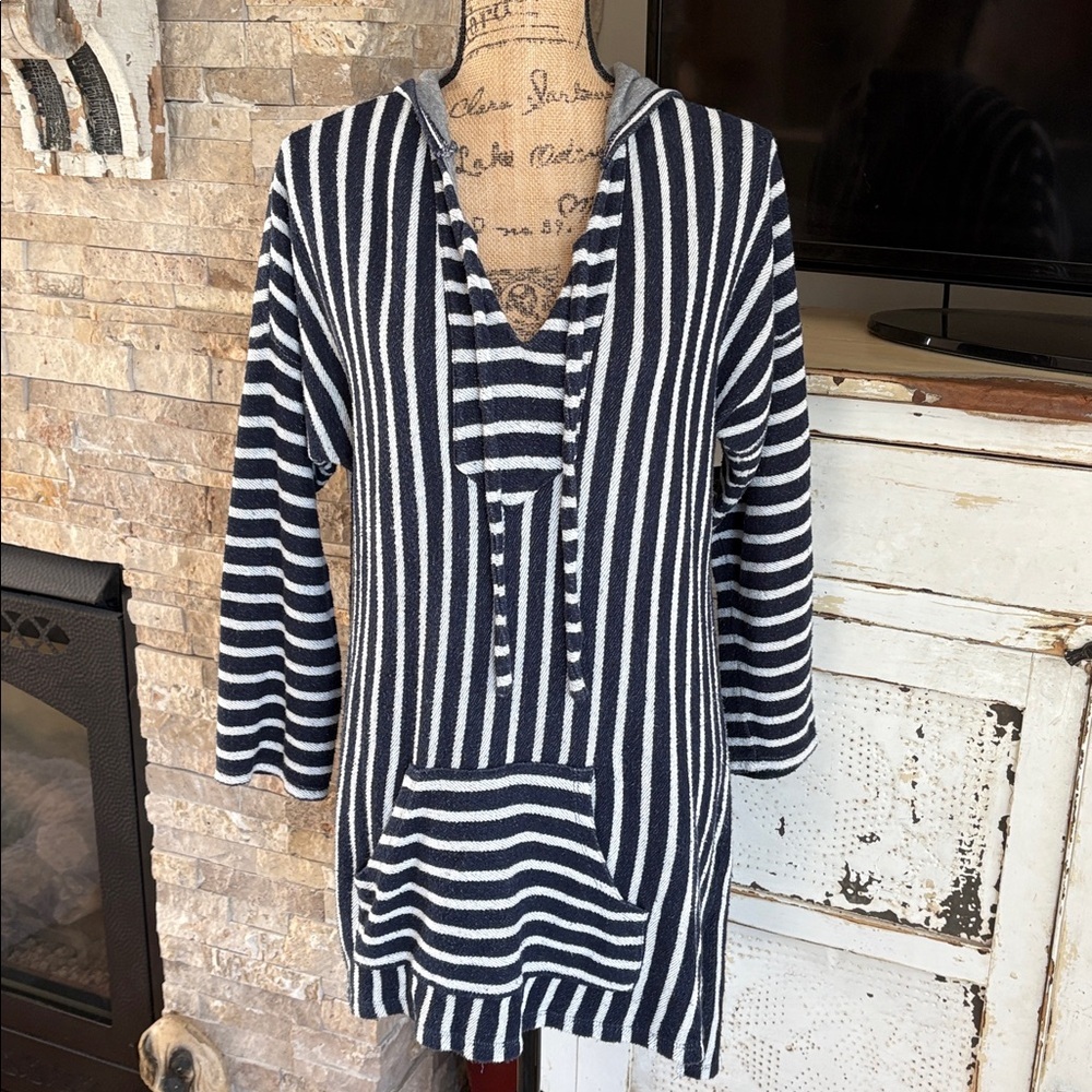 Soft Surroundings Offshore Pullover navy stripe hooded kangaroo pocket nautical - Picture 2 of 16